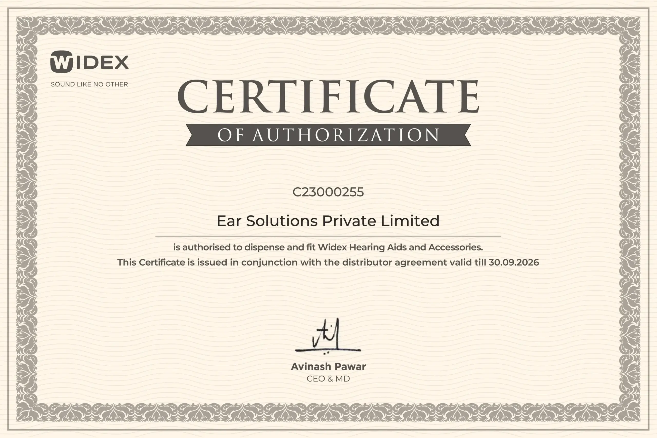 Widex Authorization Certificate 2026